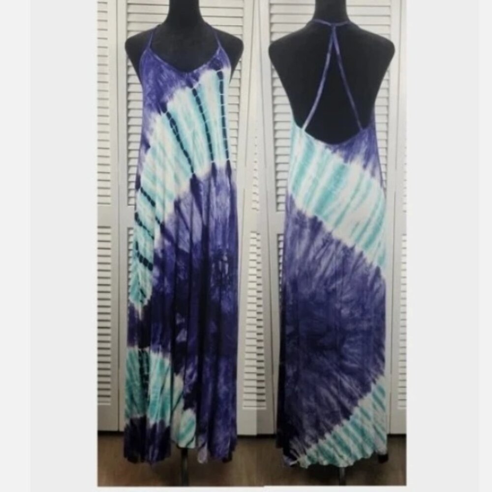 American Twist Blue Tie Dye Maxi Sun Dress M Spaghetti Strap Open Back Raw Hem